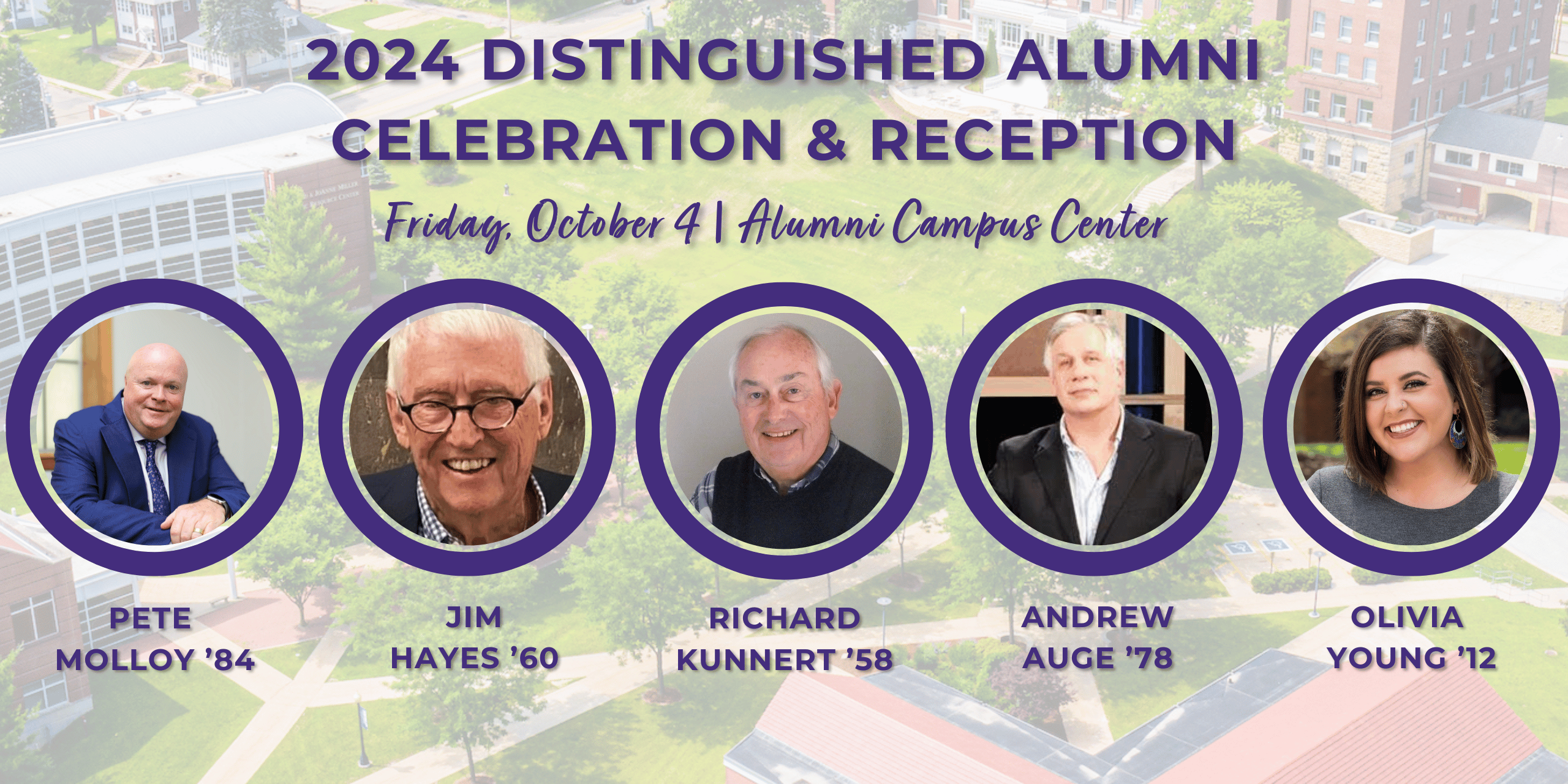 Four men and one woman headshot for Loras Homecoming Distinguished Alumni celebration