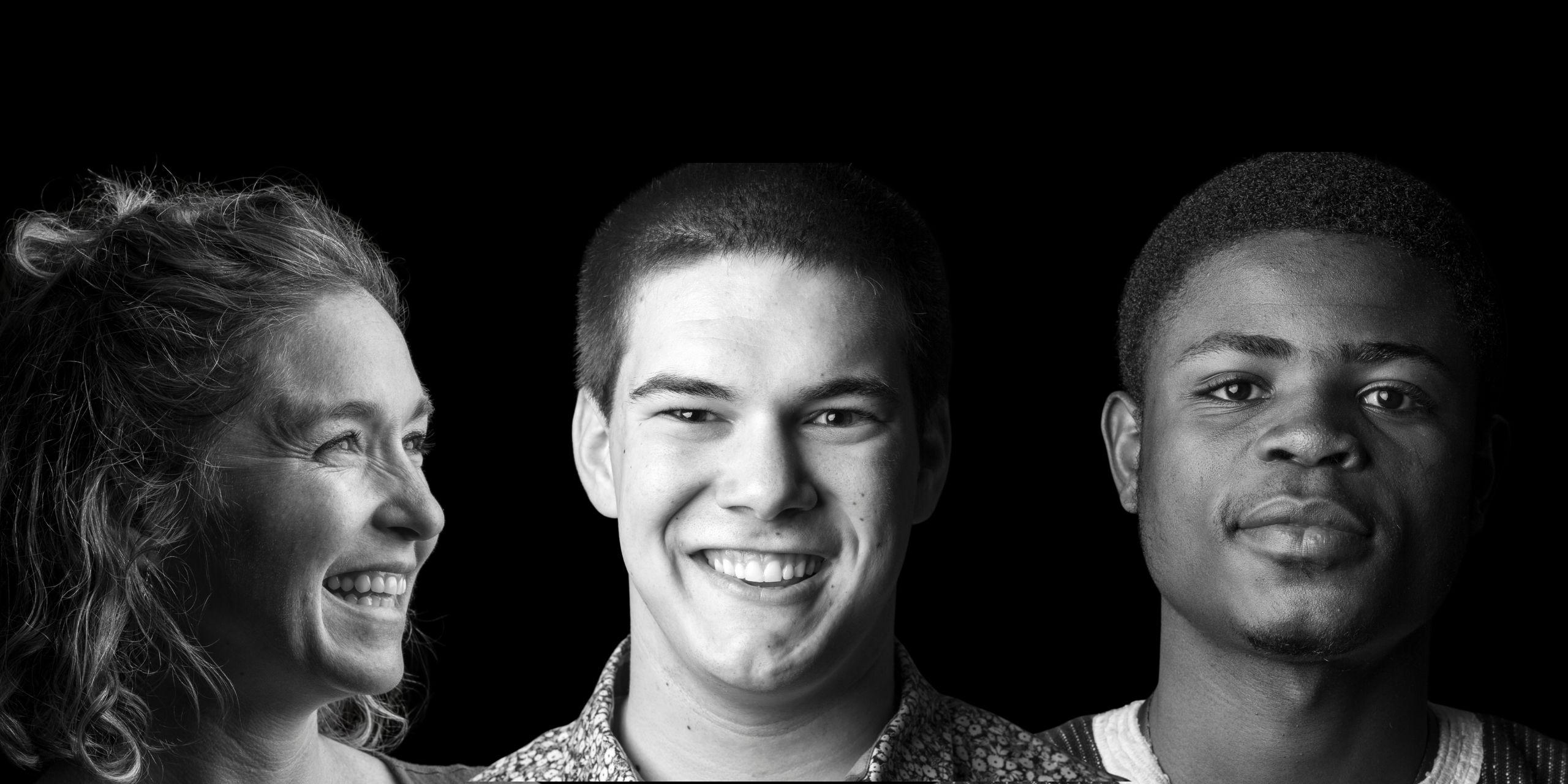 Black and white headshots of a woman looking right then two males looking forward.