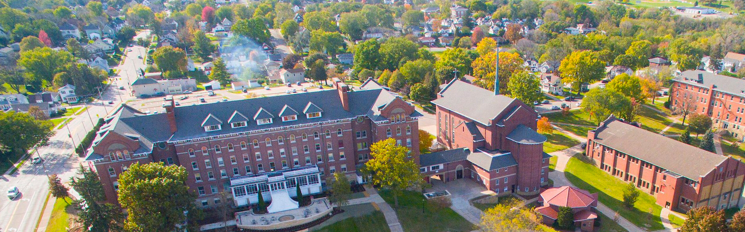 Loras College Campus aerial view of Keane Hall in the fall