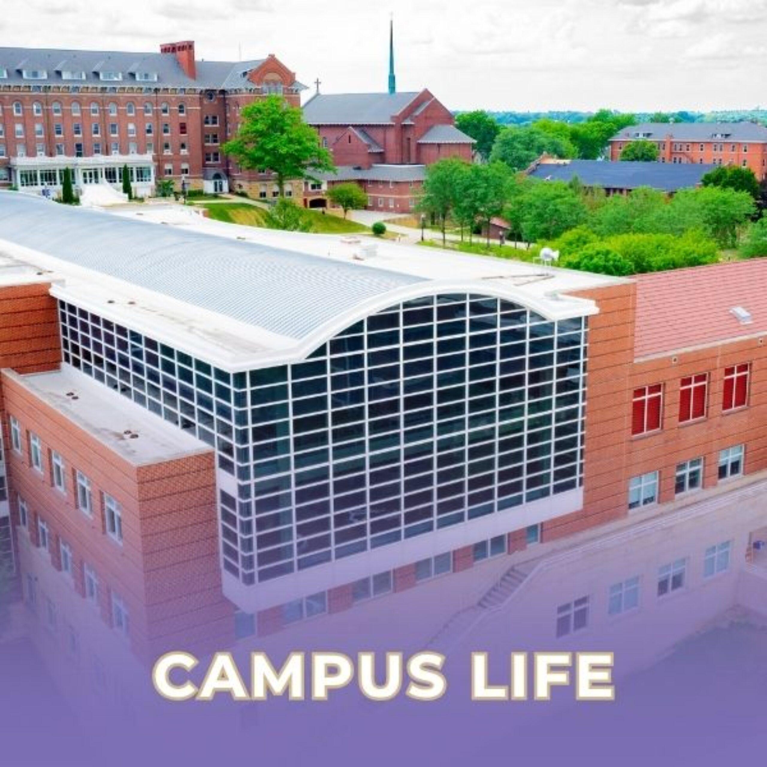Building with windows and campus life in white words on bottom