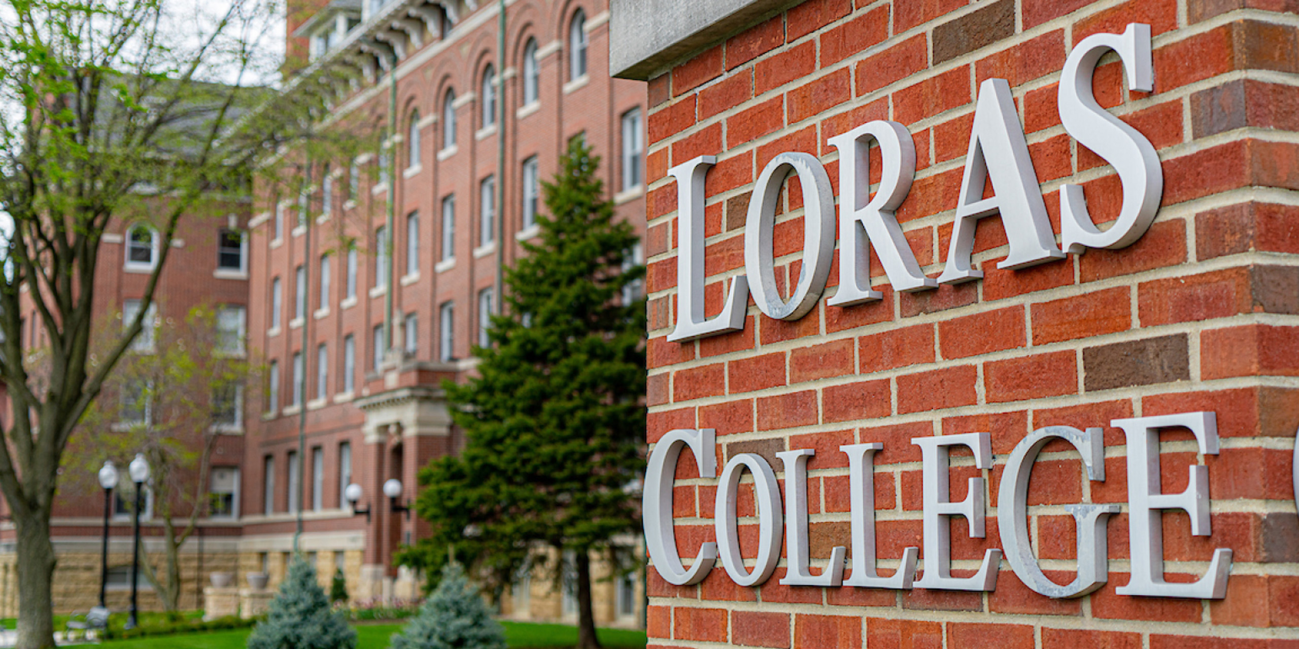 Loras College Corner Pillar with Keane hall in the background