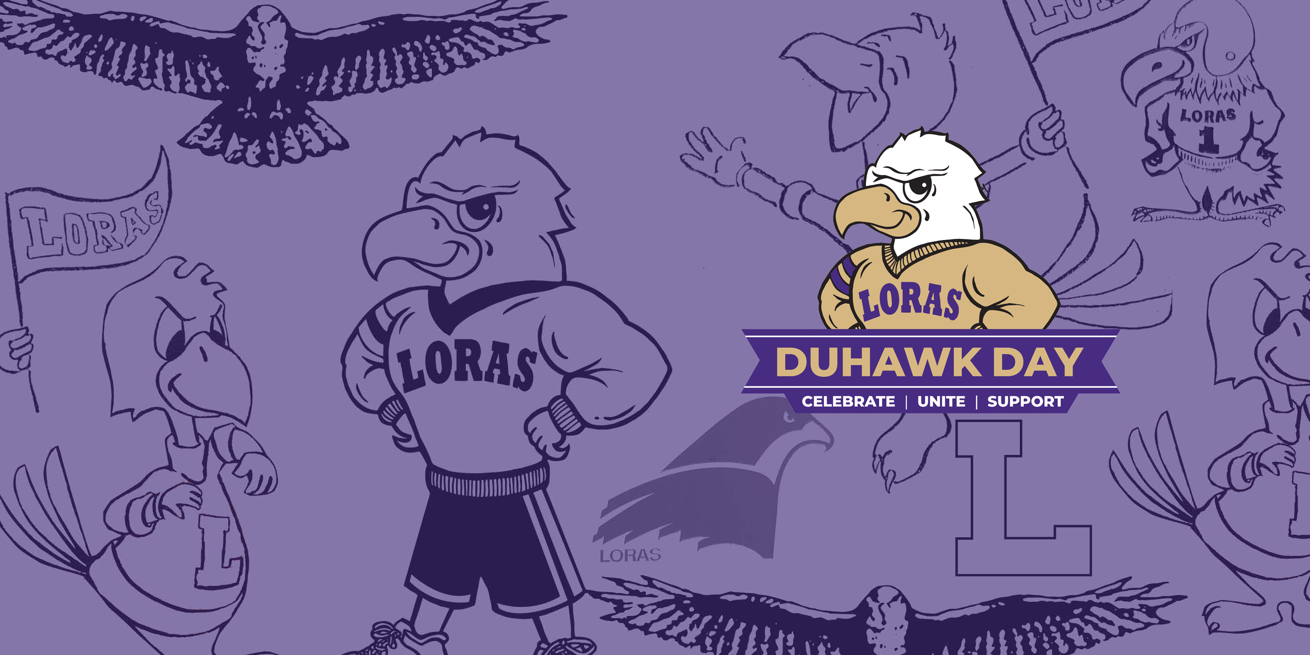 Loras College Duhawk Day graphic with Dewey Duhawk on a purple background