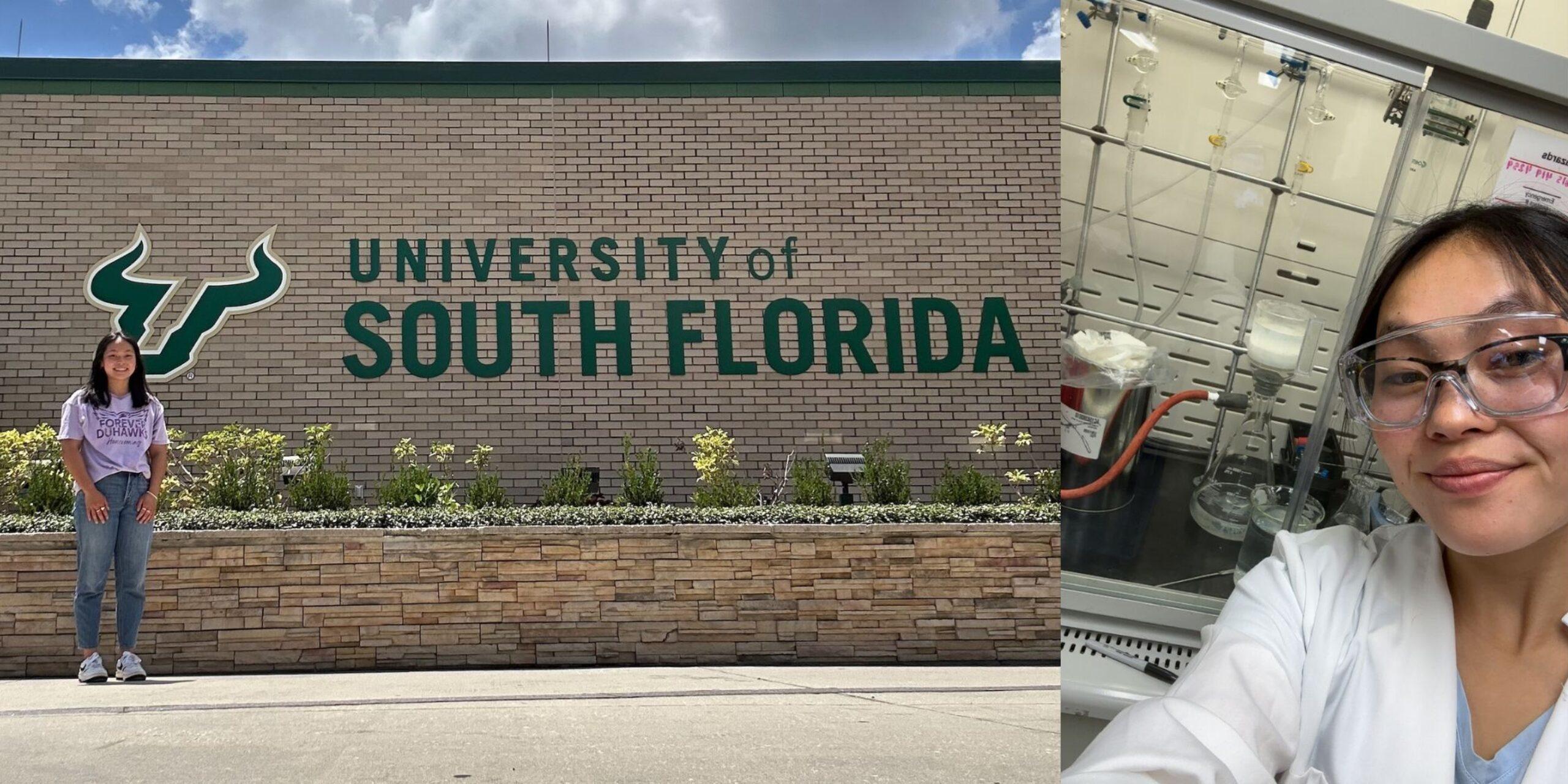 photo collage of student by college sign and in lab