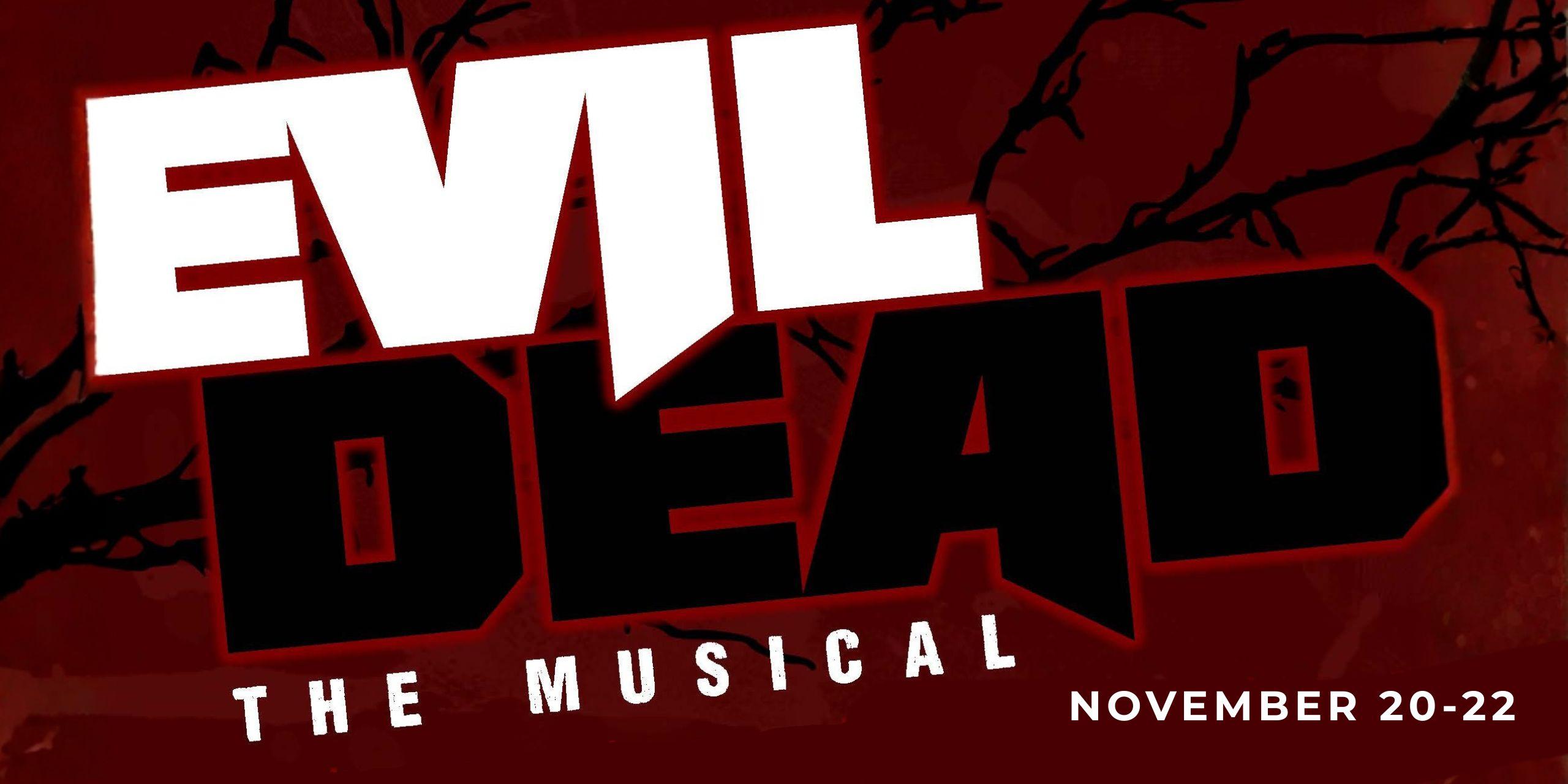 Burgandy background with white and black wording Evil Dead