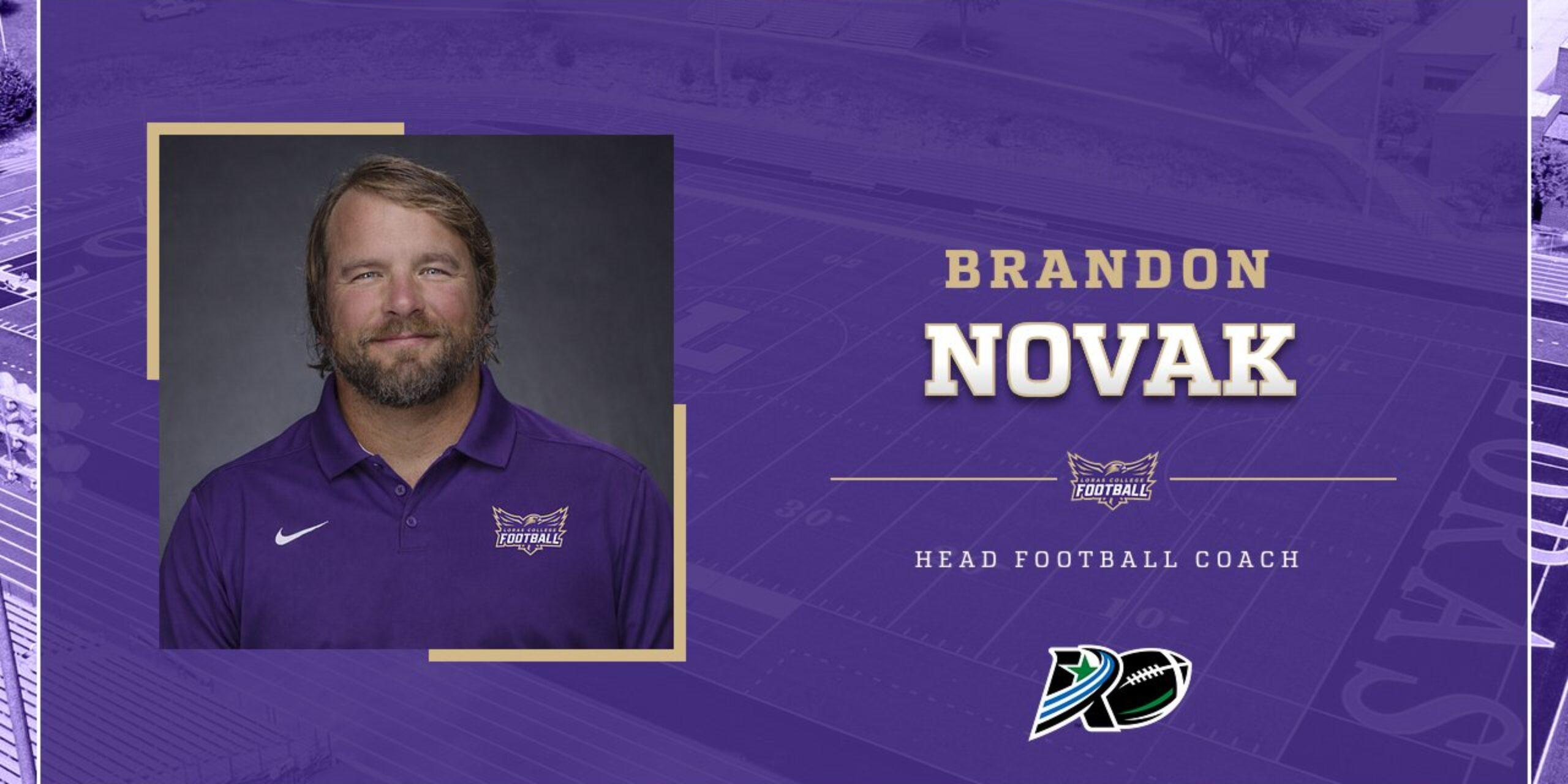 Portrait of Brandon Novak wearing a purple Loras College Football polo, displayed on a graphic announcing him as the new Head Football Coach. His photo appears on the left, while his name, the Loras College Football logo, and the title “Head Football Coach” appear on the right over a purple background featuring the Loras football field.