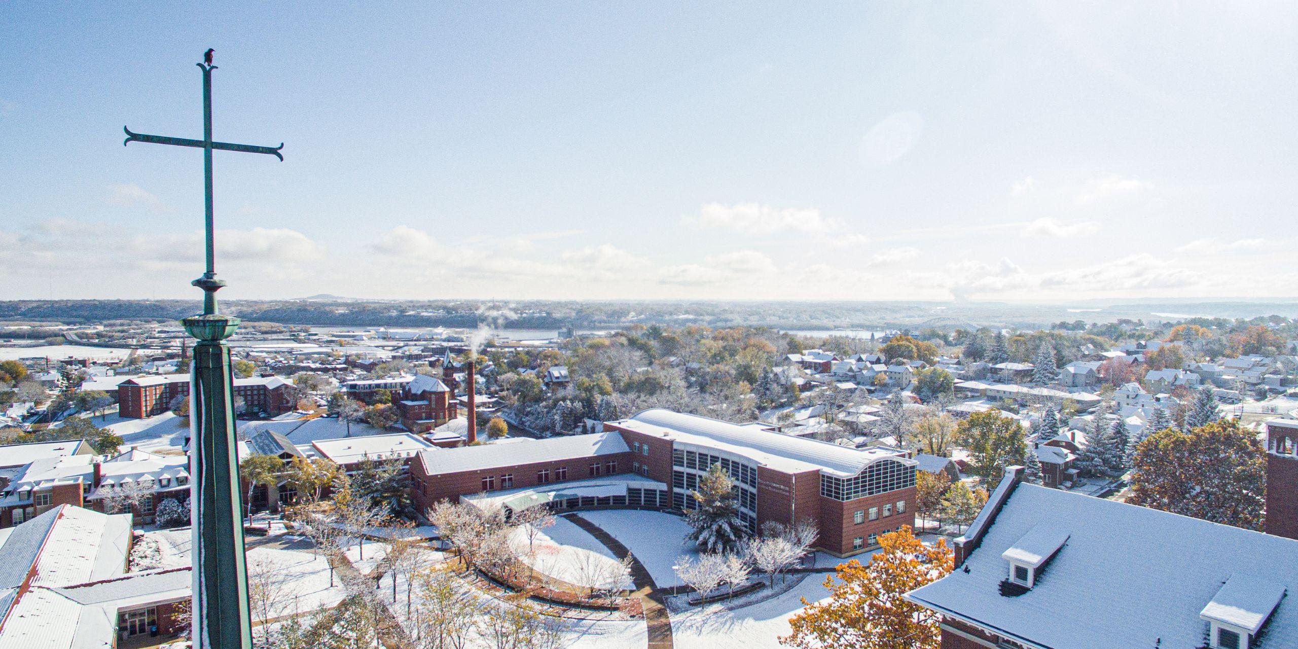 aerial view of campus and the cross