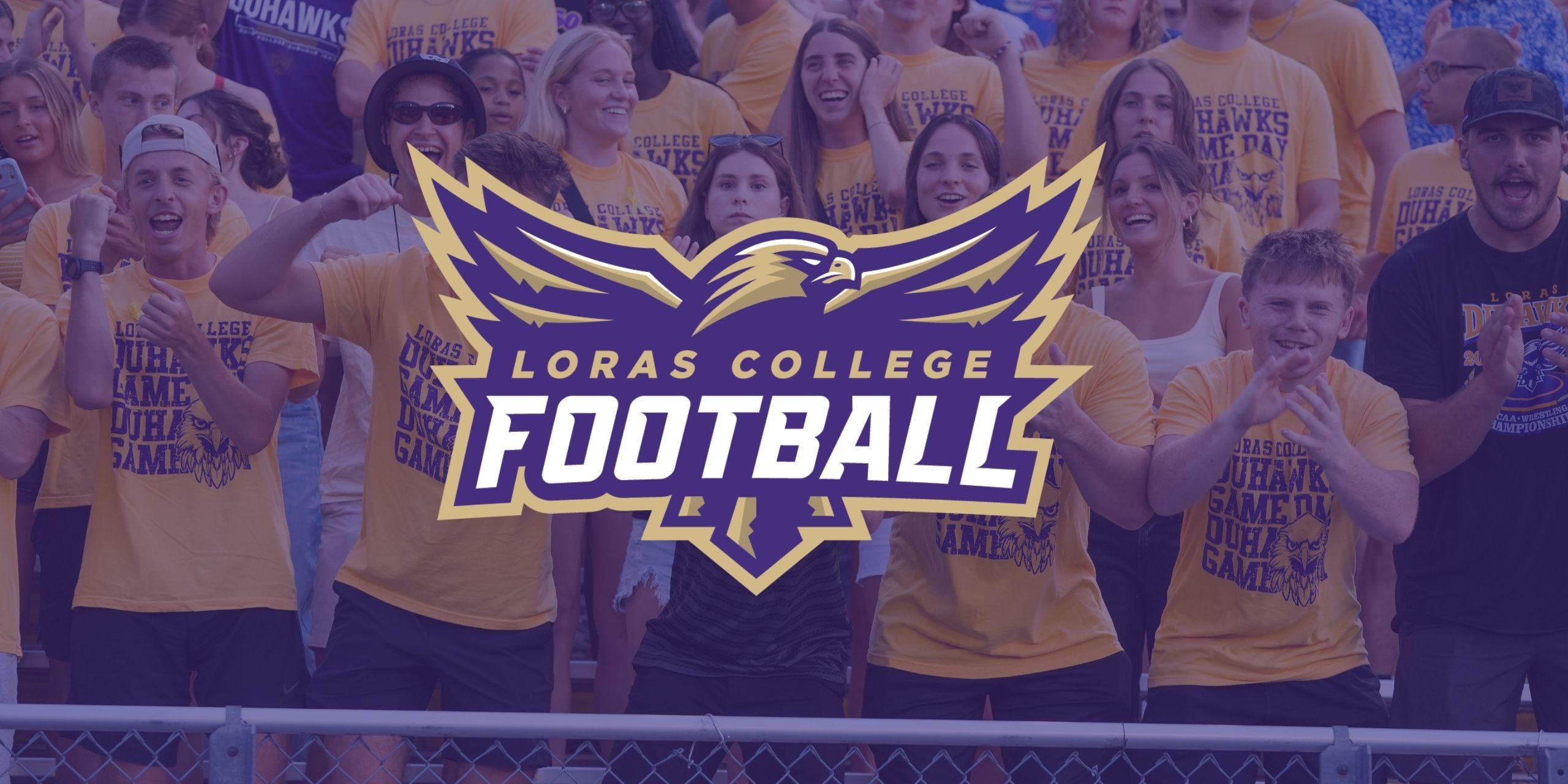 cheering crowd with Loras Football Duhawk Logo