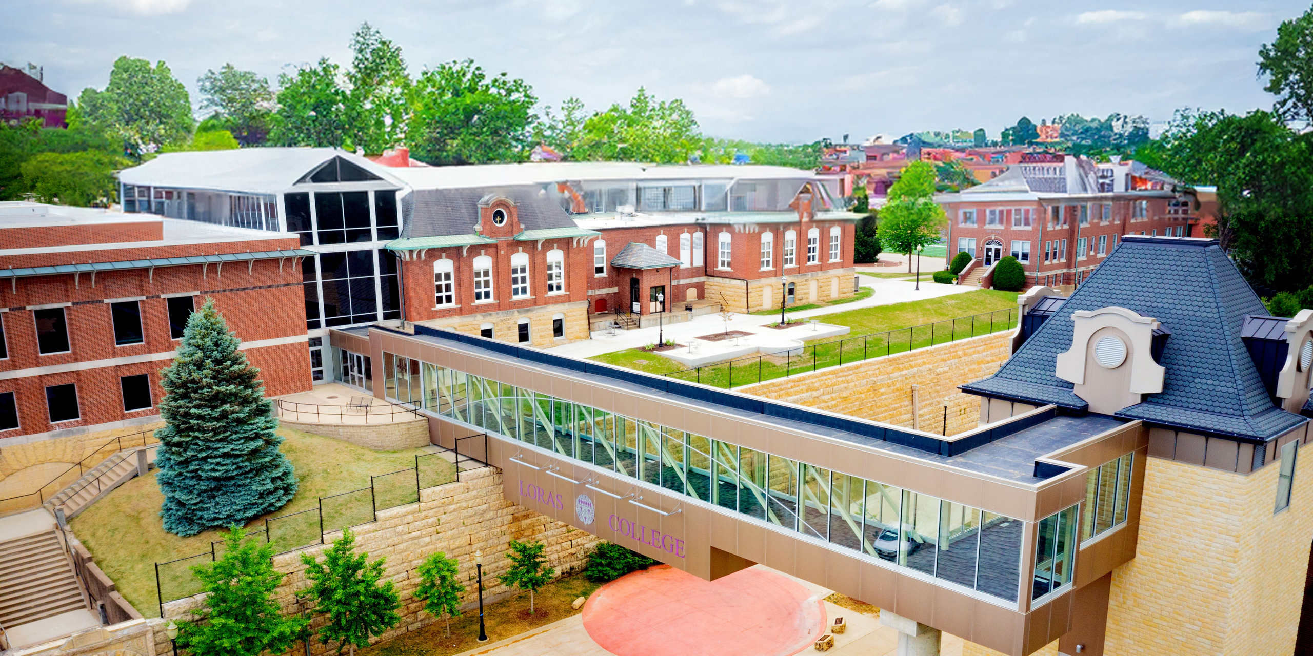 Skybridge connecting the Loras Alumni Campus Center (ACC) to the Athletic and Wellness Center (AWC)